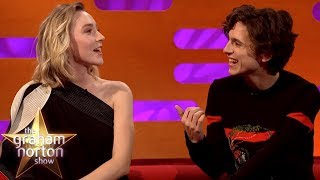 Saoirse Ronan amp Timothée Chalamet Joke About Pronouncing Timothée Chalamet [upl. by Asilat]