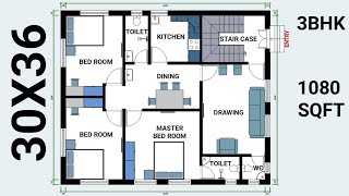 30 X 36 HOUSE PLAN II 30 X 36 BUILDING PLAN II 1080 SQFT GHAR KA NAKSHA II 3 BHK HOUSE PLAN [upl. by Bohner253]