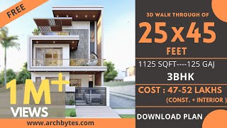 25x45 House Design 3D  1125 Sqft  125 Gaj  3 BHK  Modern Design  Terrace Garden  8x14 Meters [upl. by Gianina991]