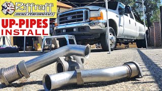 2001 F350 73  RiffRaff UpPipes Install  Stock up pipes leaking and falling apart JUNK SP [upl. by Borlow173]